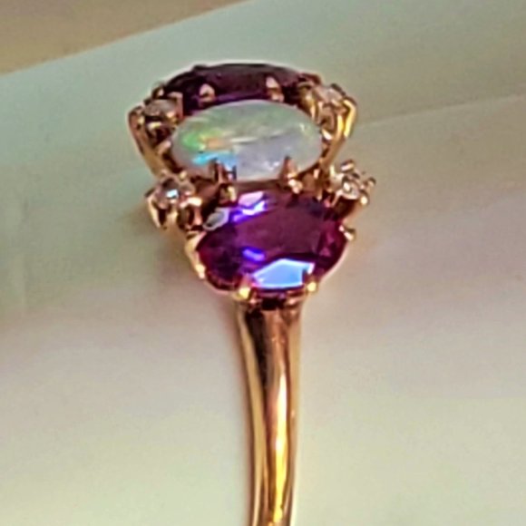 10K Gold Ring with Opel, Diamonds, and Amethyst Stones - Picture 7 of 12